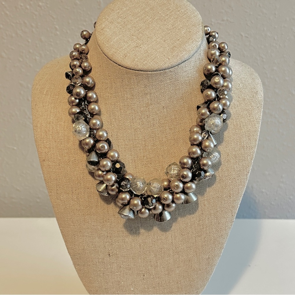WHBM Jewelry | Faux Pearls & Gray Crystal Beaded Statement Necklace